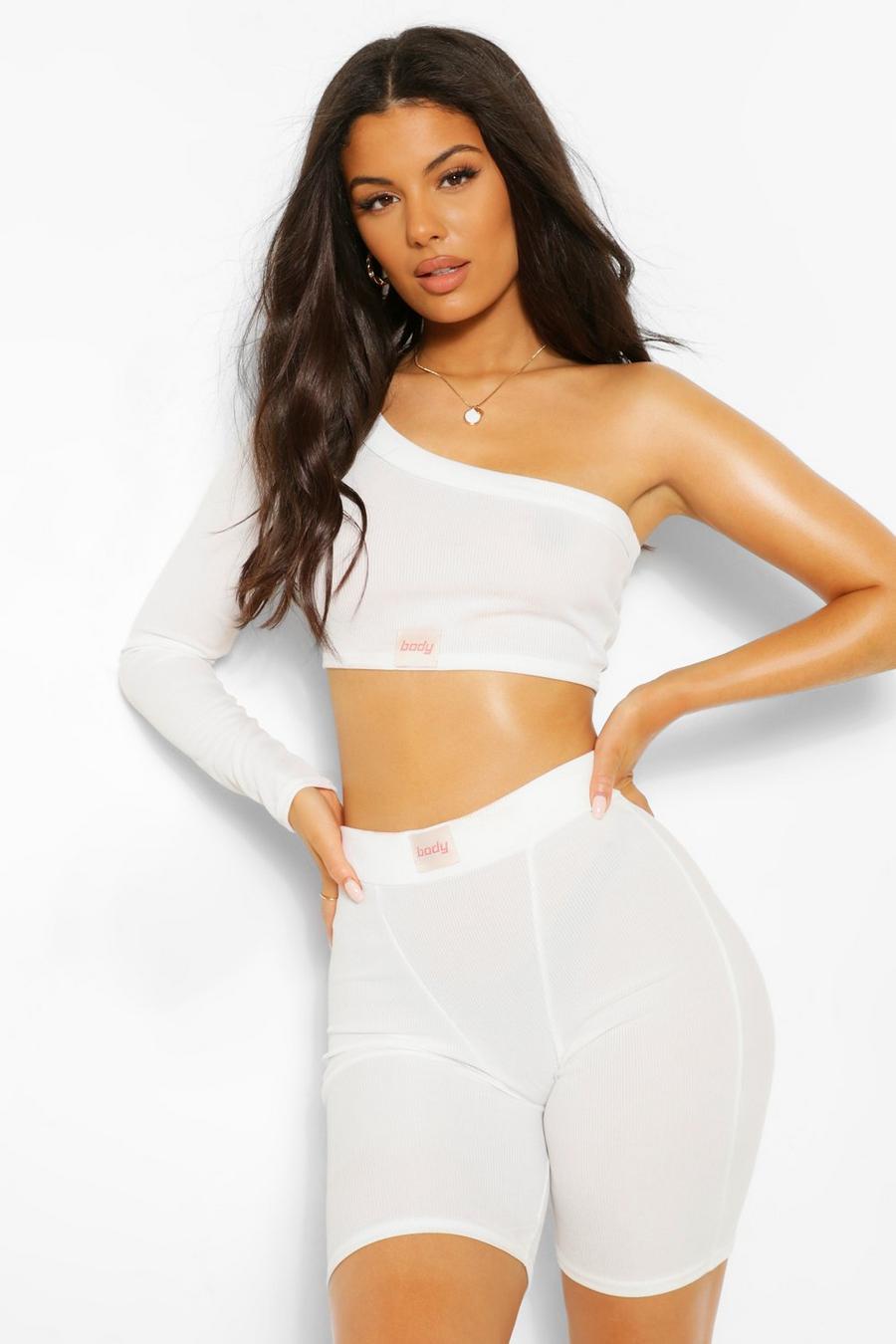 Cream Chunky Binding One Sleeve Ribbed Crop Top image number 1