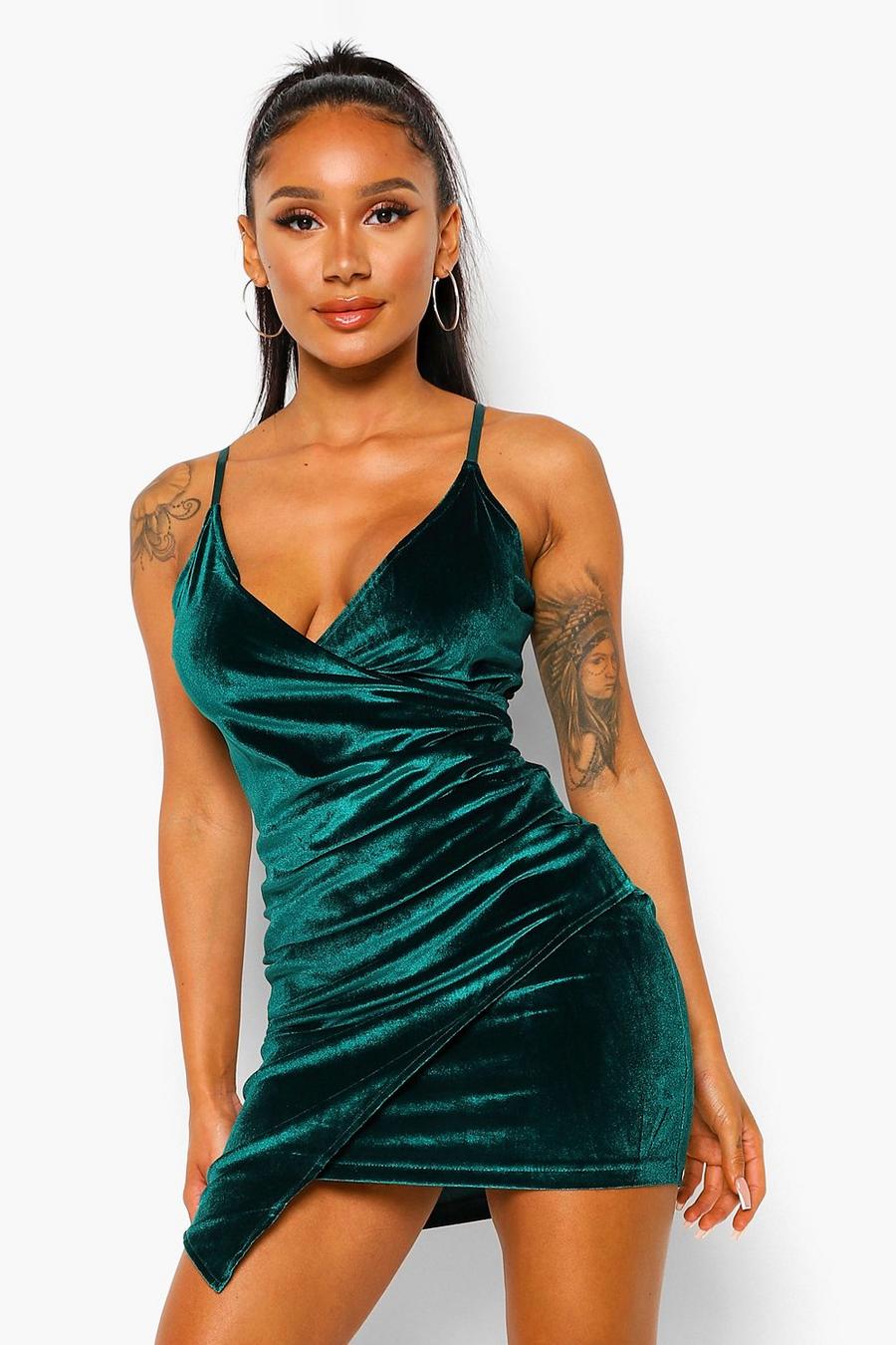 Bottle green Velvet Wrap Bodycon Dress image number 1