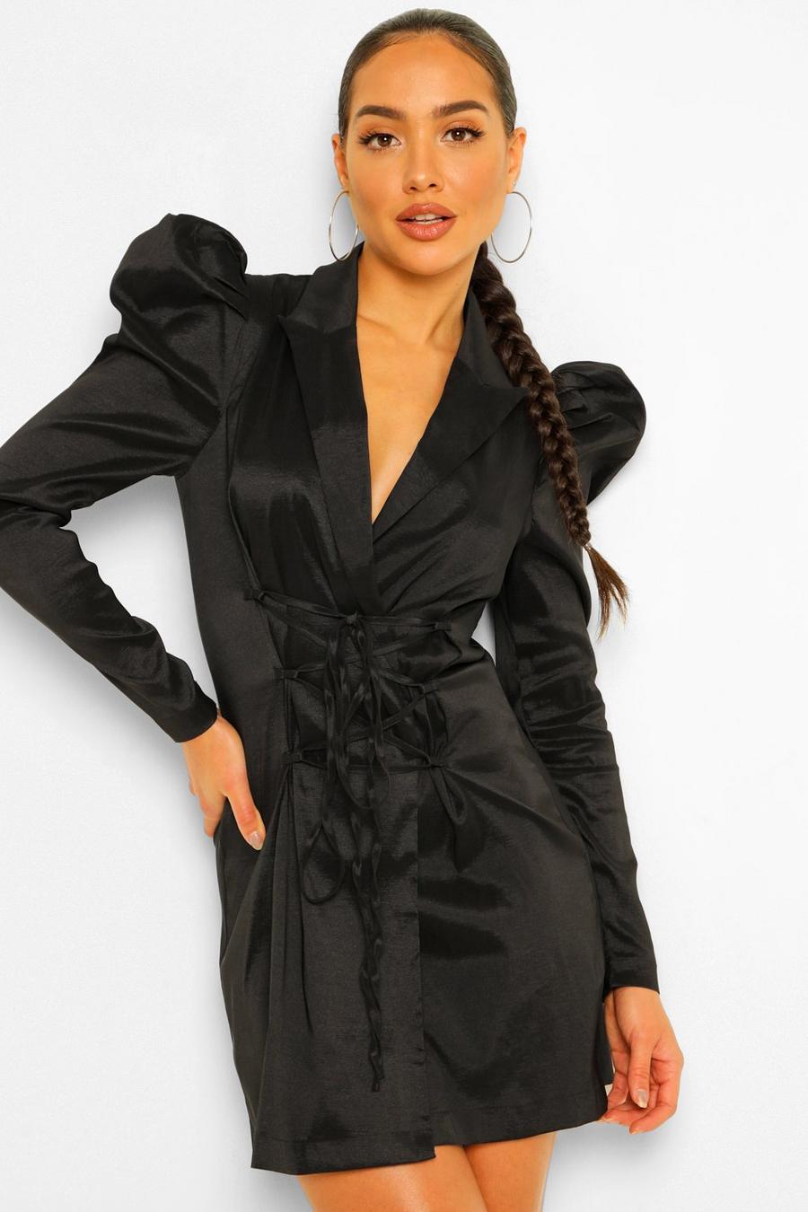 Black Taffeta Puff Sleeve Tie Front Blazer Dress image number 1