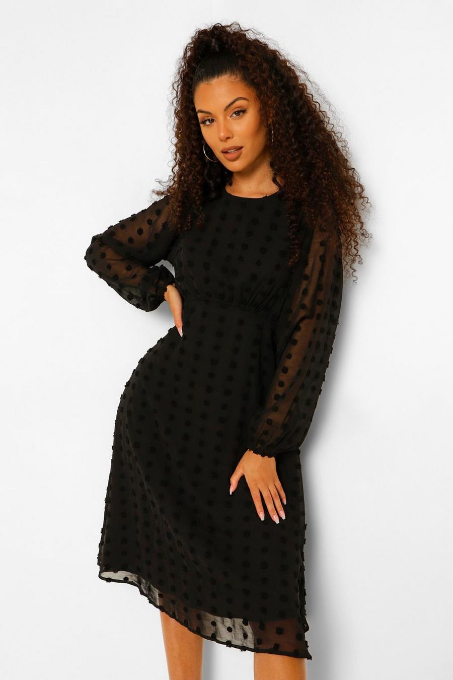 Black Polka Dot Dobby Midi Dress image number 1