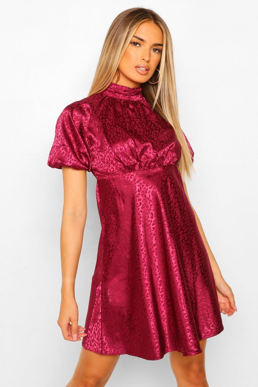 Berry Satin Leopard Jacquard Puff Sleeve Skater Dress image number 1