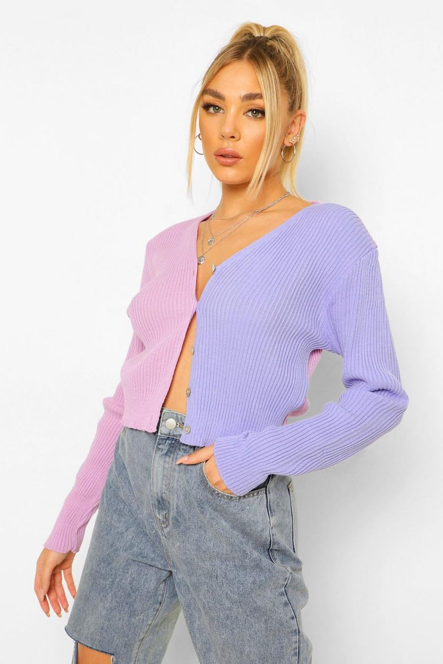 Lilac Colour Block Rib Knit Cropped Cardigan image number 1