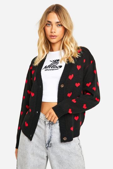 Heart Print Cropped Cardigan black