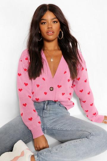 Heart Print Cropped Cardigan pink