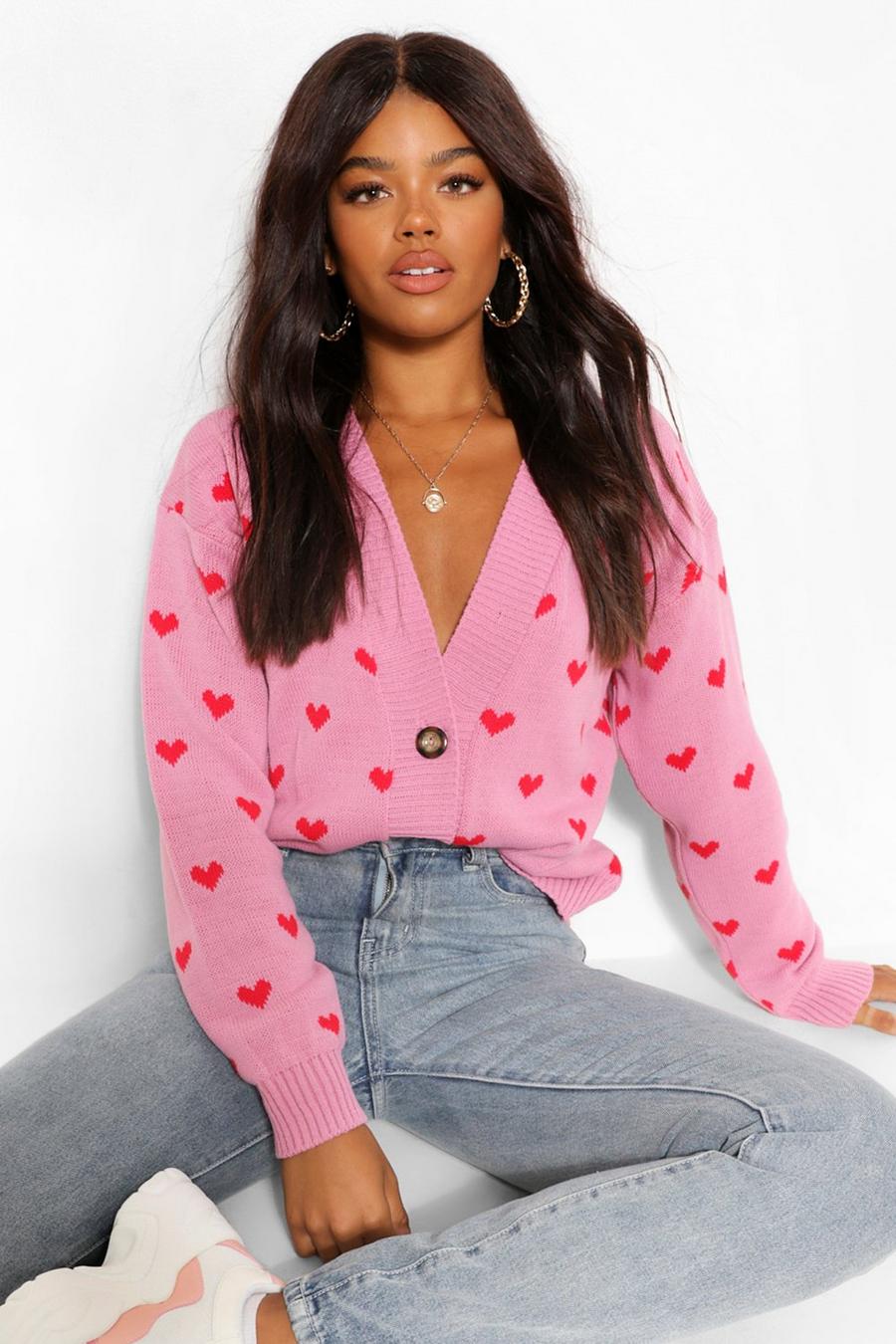 Pink Heart Print Cropped Cardigan image number 1