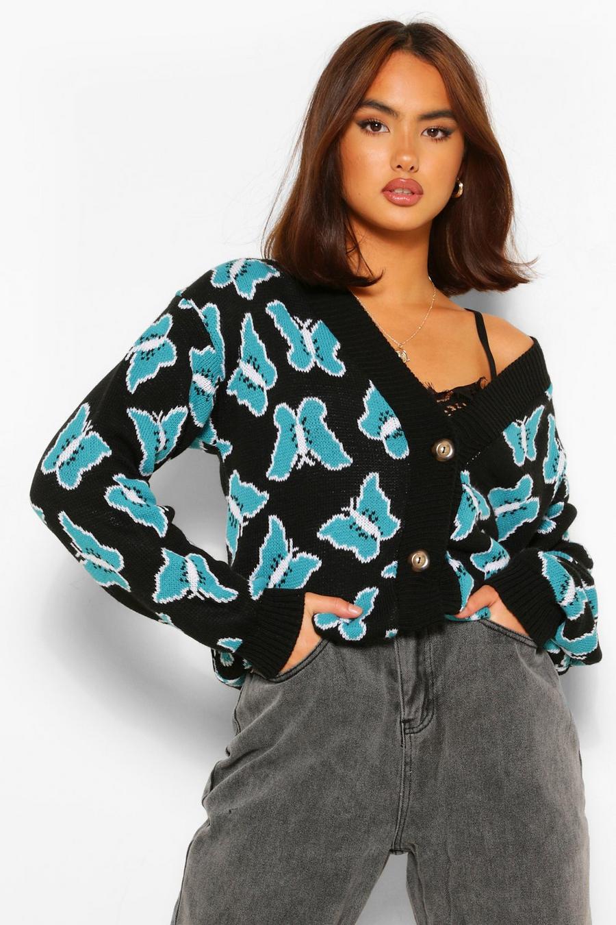 Butterfly Print Crop Cardigan, Black image number 1