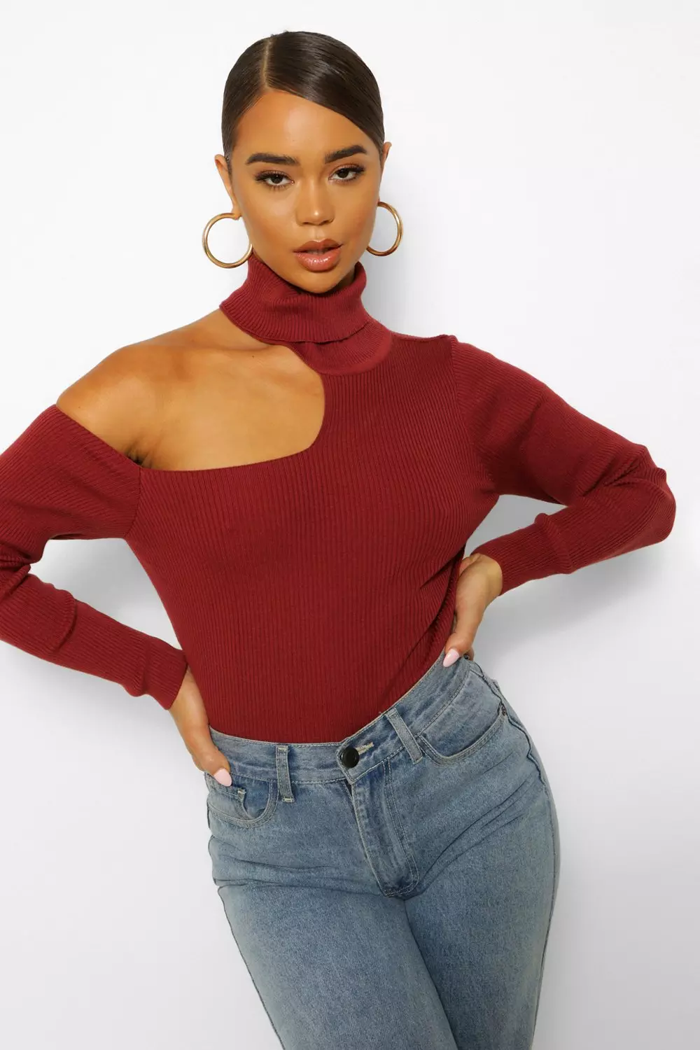 Cold shoulder outlet polo neck top