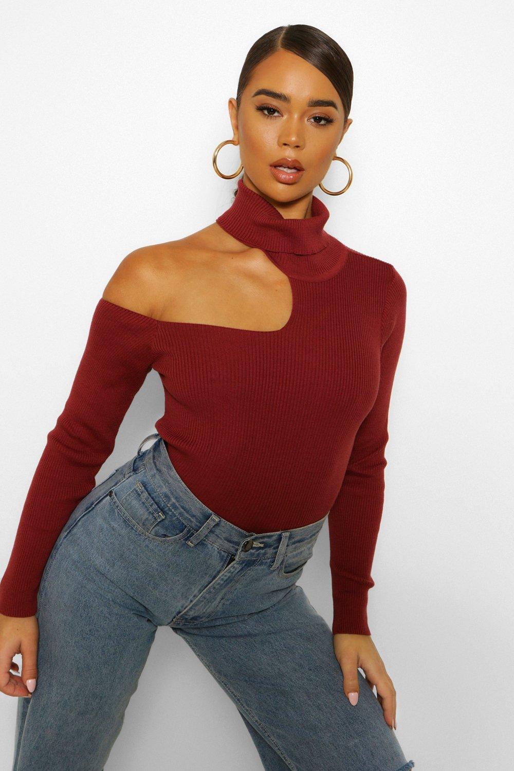 Women s Cold Shoulder Roll Neck Jumper Boohoo UK