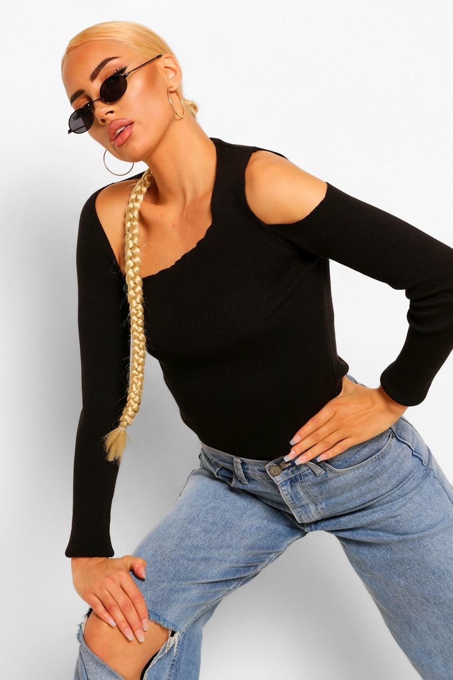Black Asymmetric Cut Out Shoulder Rib Sweater image number 1