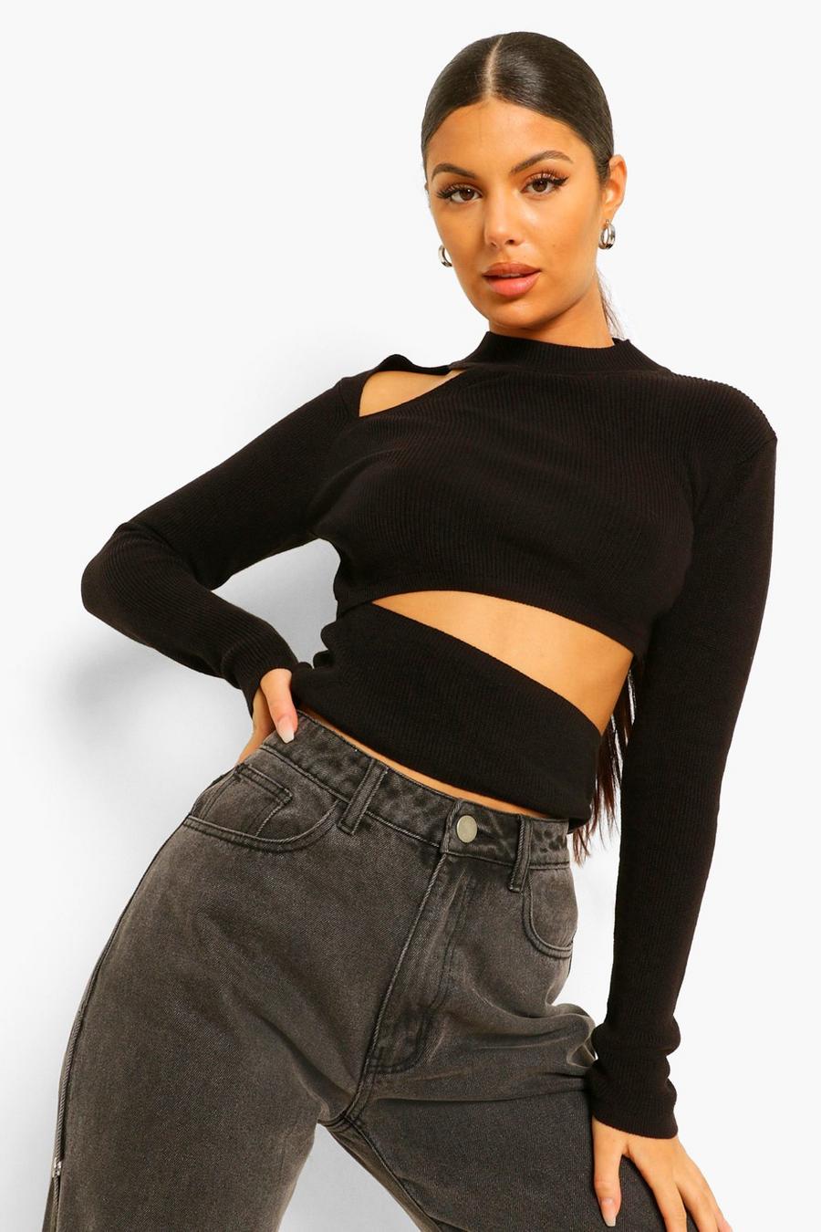 Black Cut Out Rib Knit Sweater image number 1