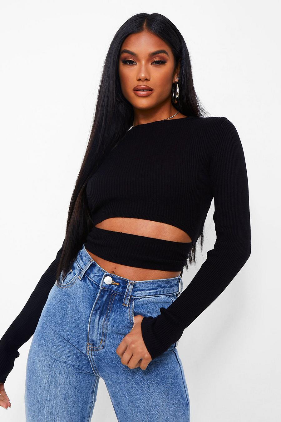Black Cut Out Waist Rib Knit Sweater image number 1