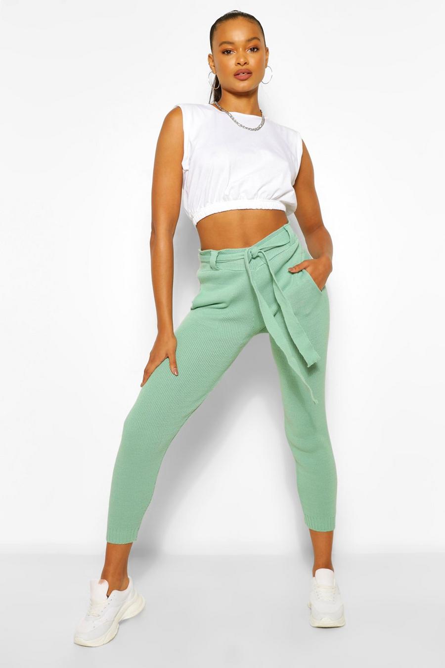 Pantalones de correr de punto con cintura fruncida, Verde salvia image number 1