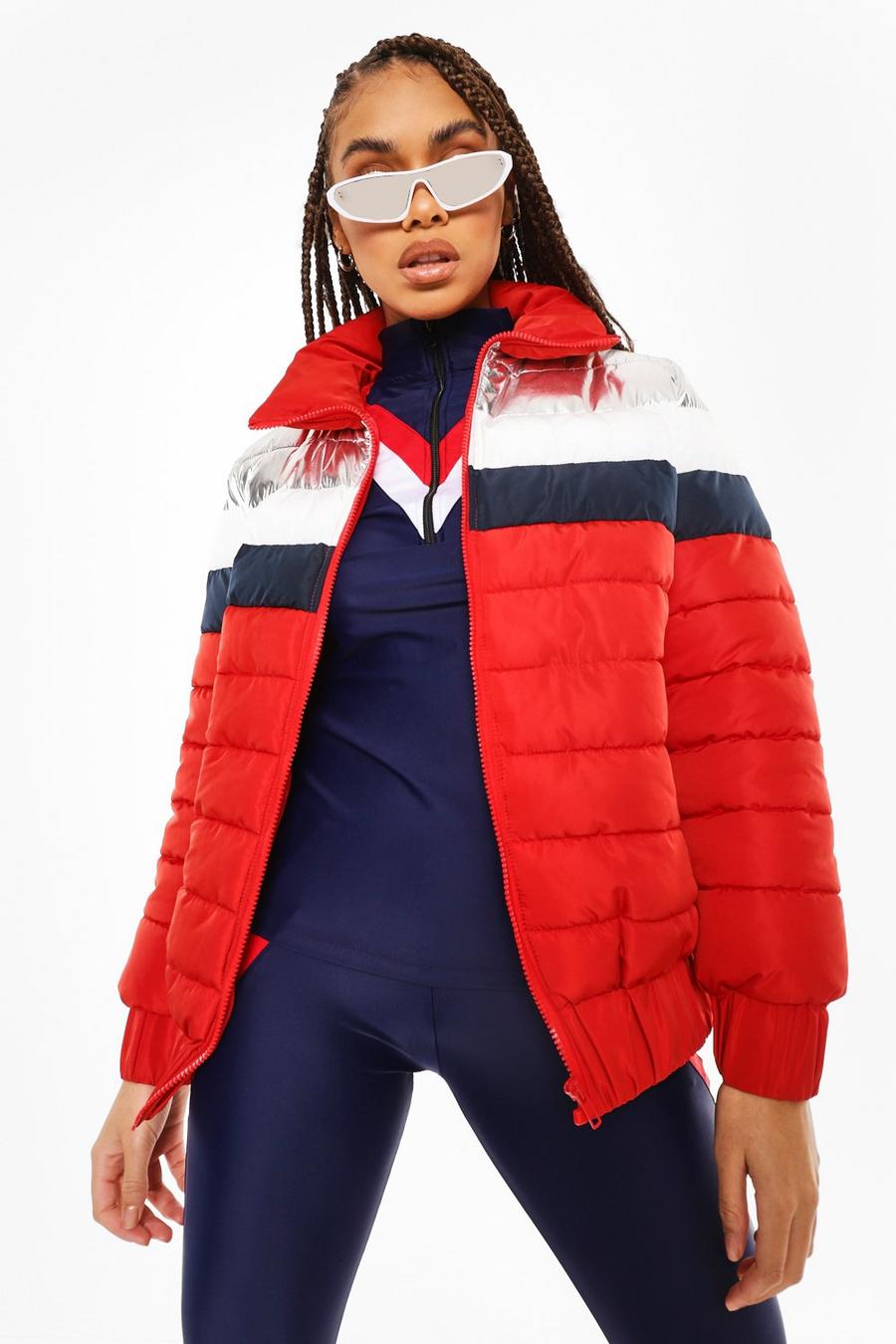 Manteau après-ski color block à col cheminée, Red image number 1