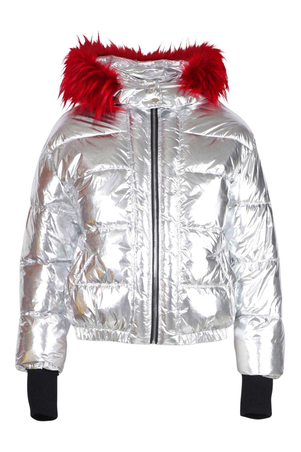 silver ski jacket with fur hood