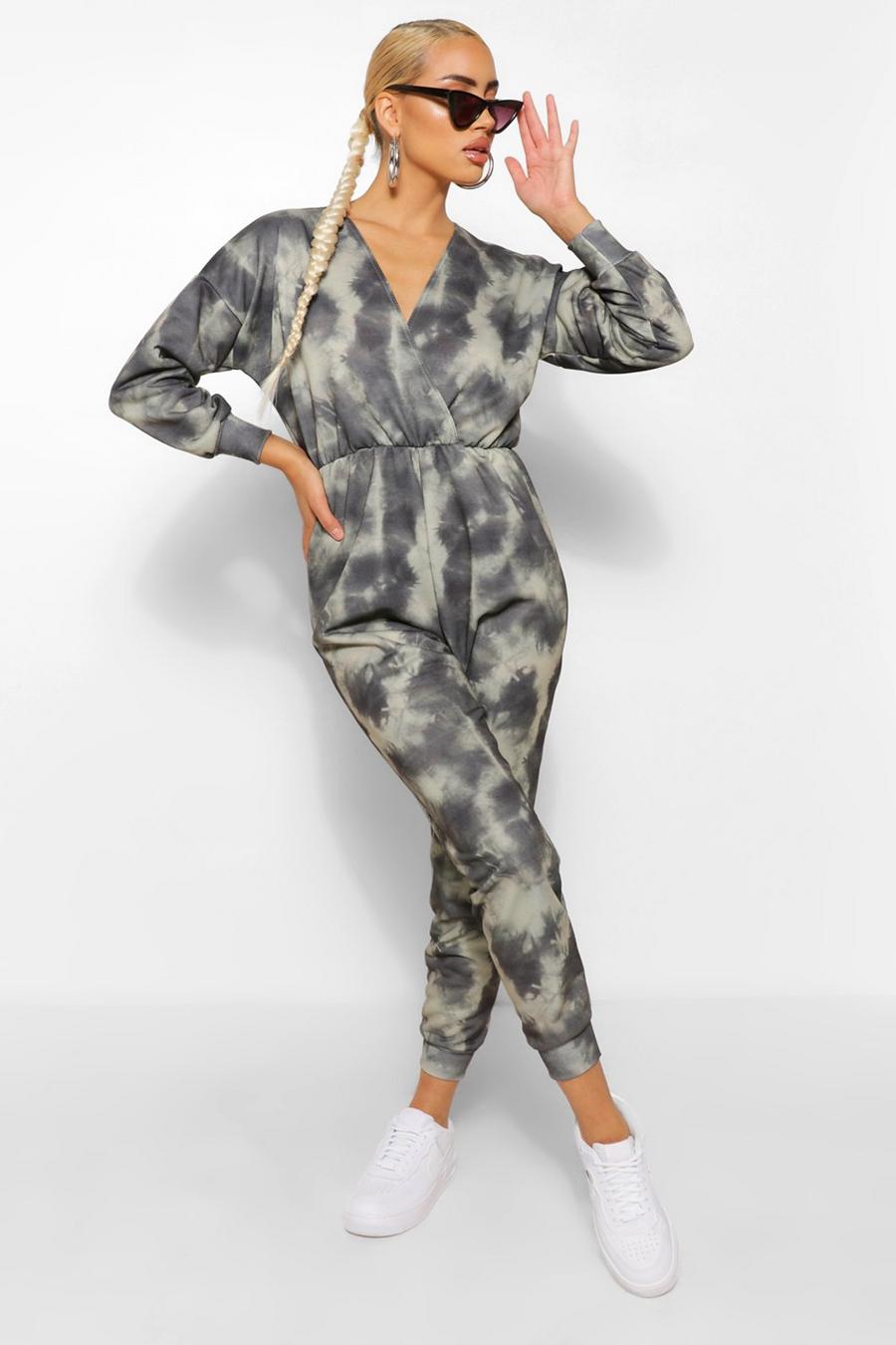 Kaki Tie-dye Sweat jumpsuit met wikkelstijl voorkant en lus image number 1