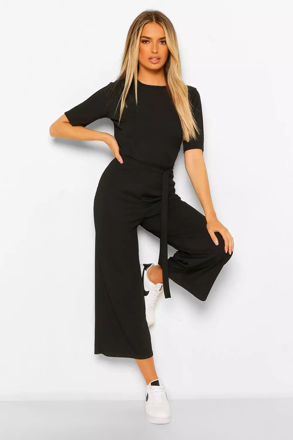 Black ribbed cheap wide leg jumpsuit