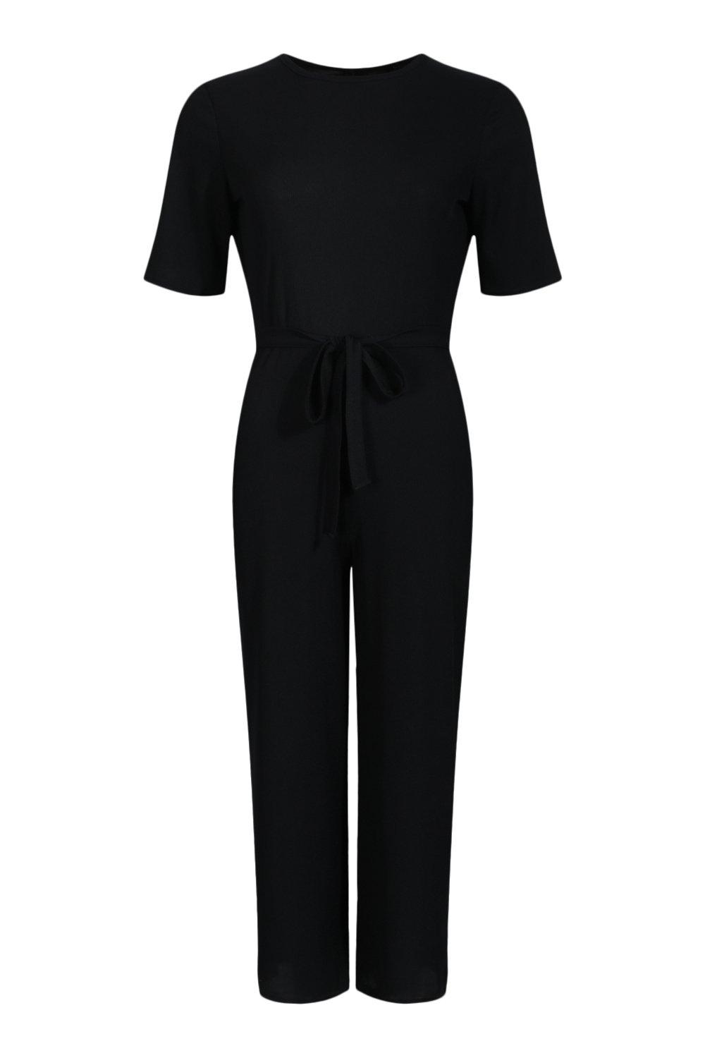 Ribbed T-Shirt Style Belted Wide Leg Jumpsuit | boohoo