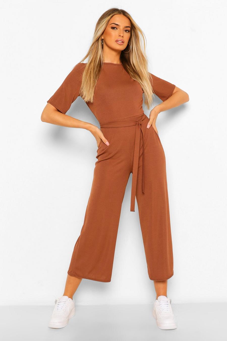 Chocolate Ribbed T-Shirt Style Belted Wide Leg Jumpsuit image number 1
