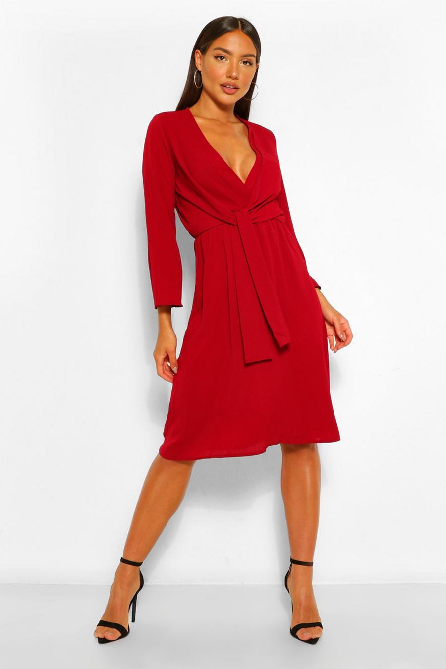 Berry Woven Knot Front Wrap Midi Dress image number 1