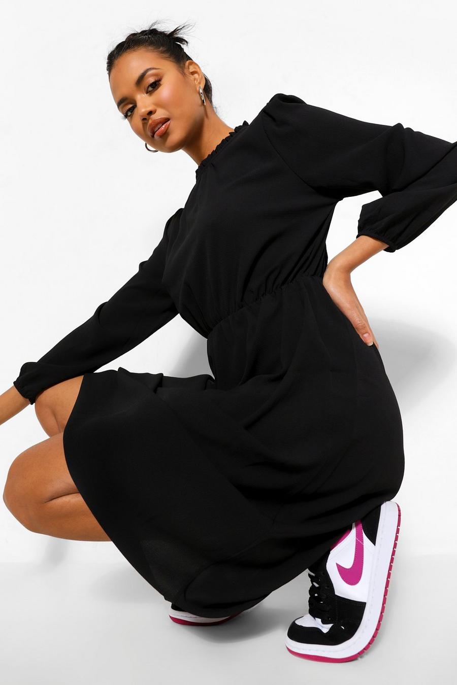 Black Woven Frill Neck Midi Dress image number 1