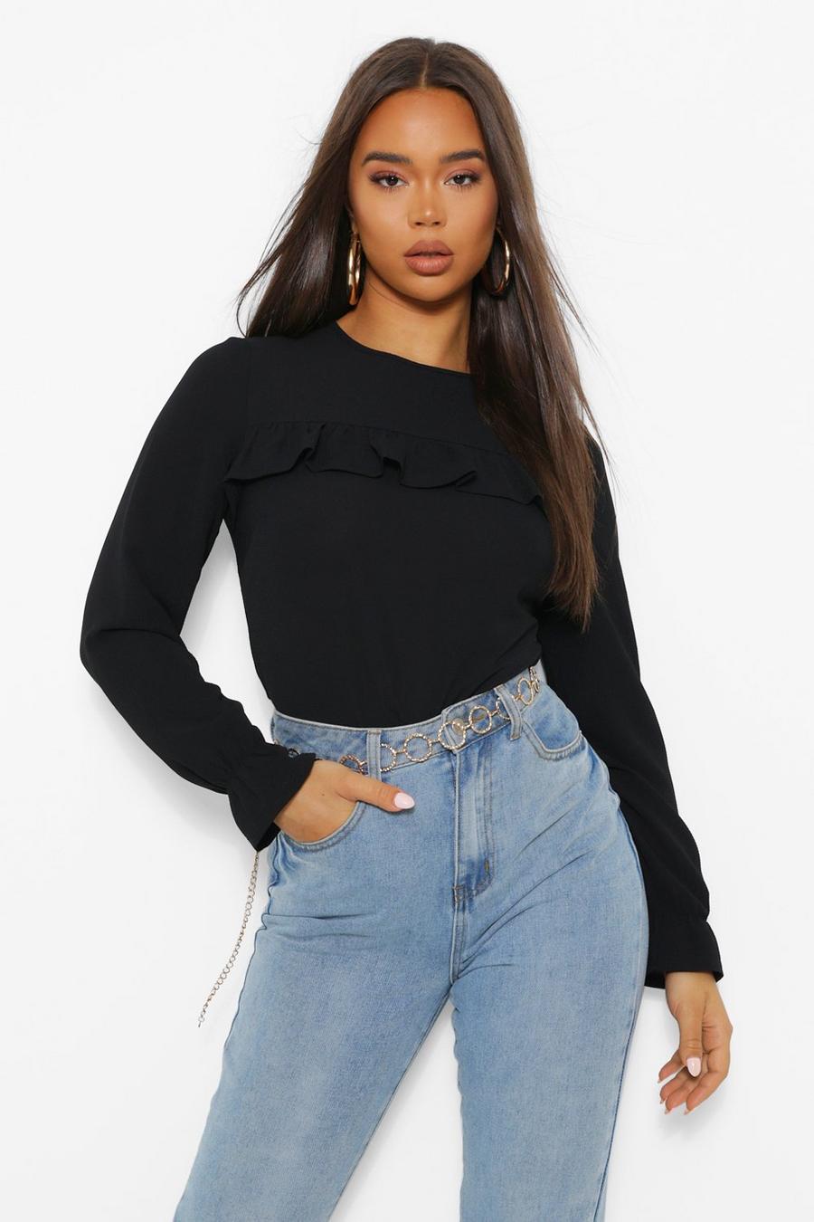 Black Woven Ruffle Detail Long Sleeve Blouse image number 1