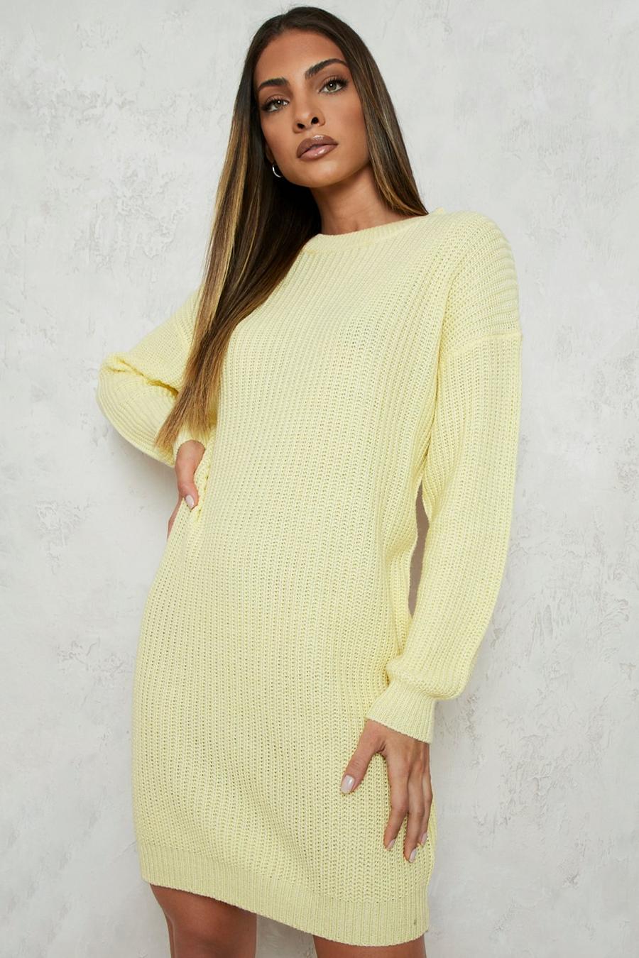Lemon yellow Crew Neck Sweater Dress