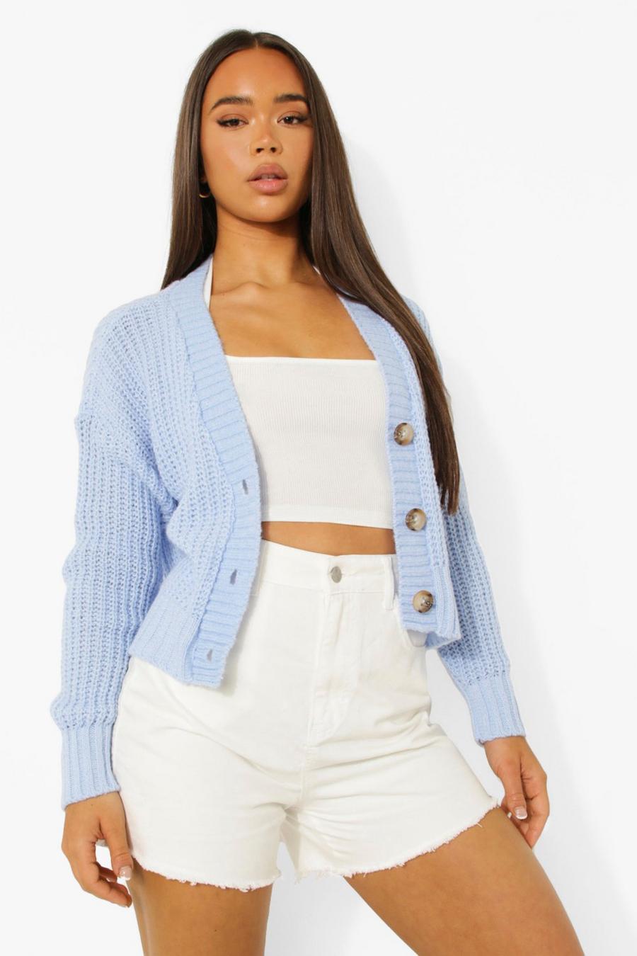 Blue Chunky Knit Cropped Cardigan image number 1