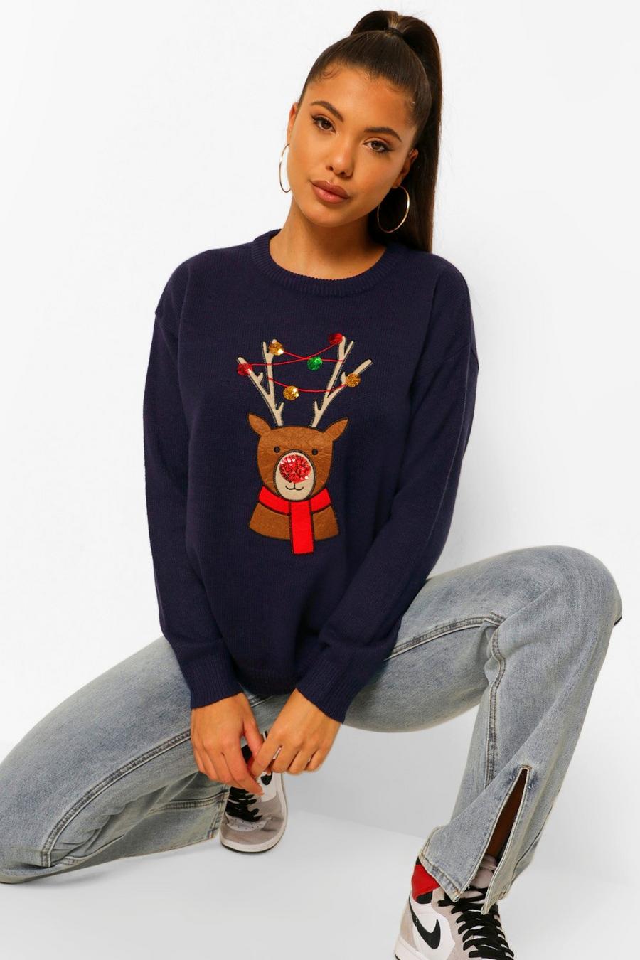 Sequin Reindeer Christmas Jumper image number 1