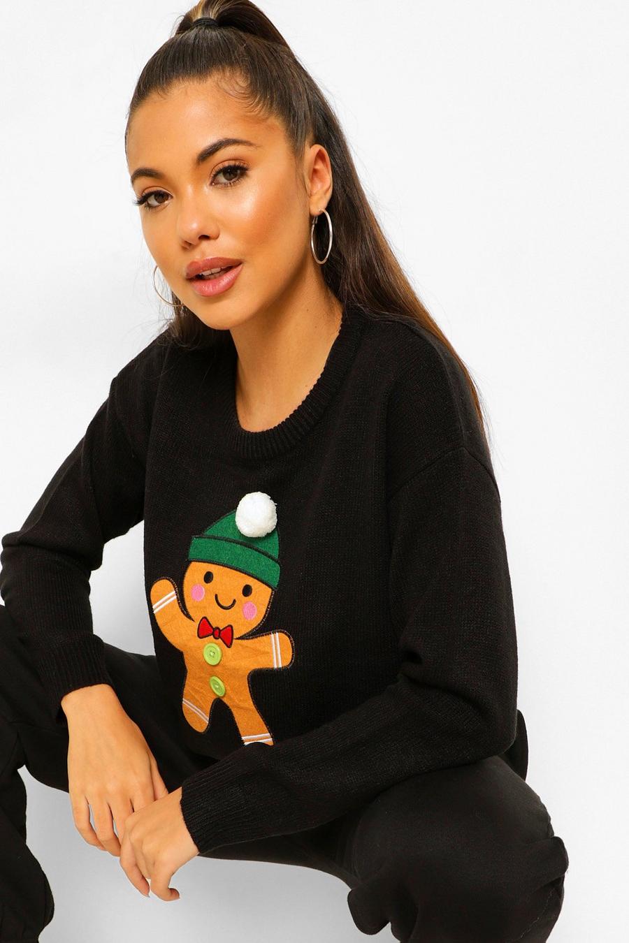 Black Gingerbread Pom Pom Christmas Sweater image number 1