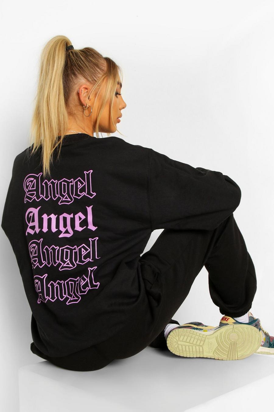 שחור סווטשרט עם הדפס על הגב וכיתוב Angel image number 1