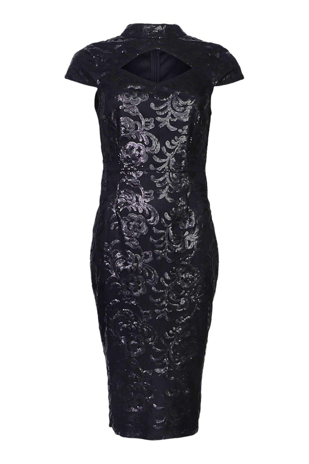 メキ Sequin Damask Keyhole High Neck Midi Dress | boohoo