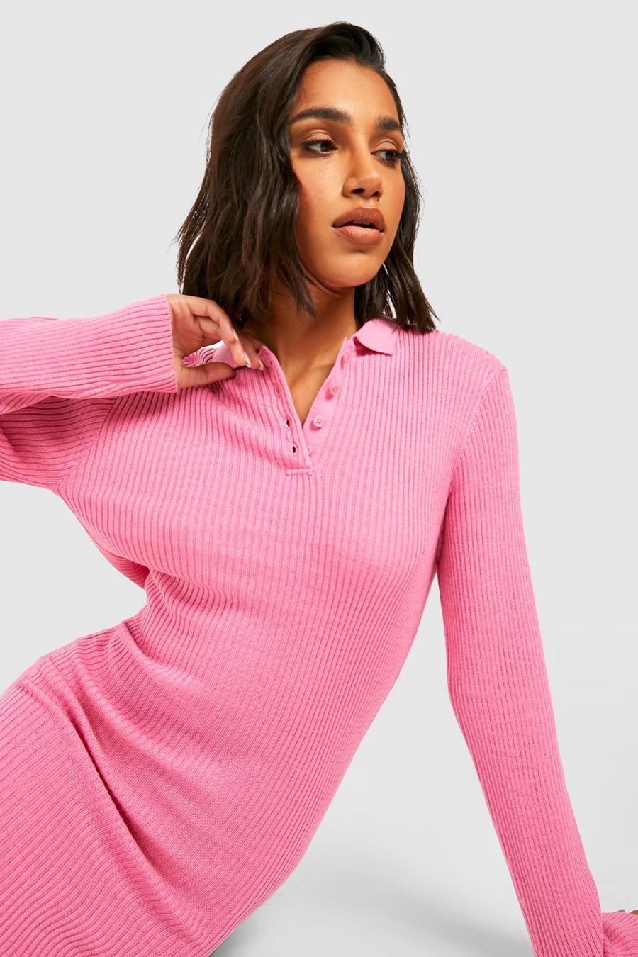 Vestito midi in maglia a coste con colletto stile polo, Pink image number 1