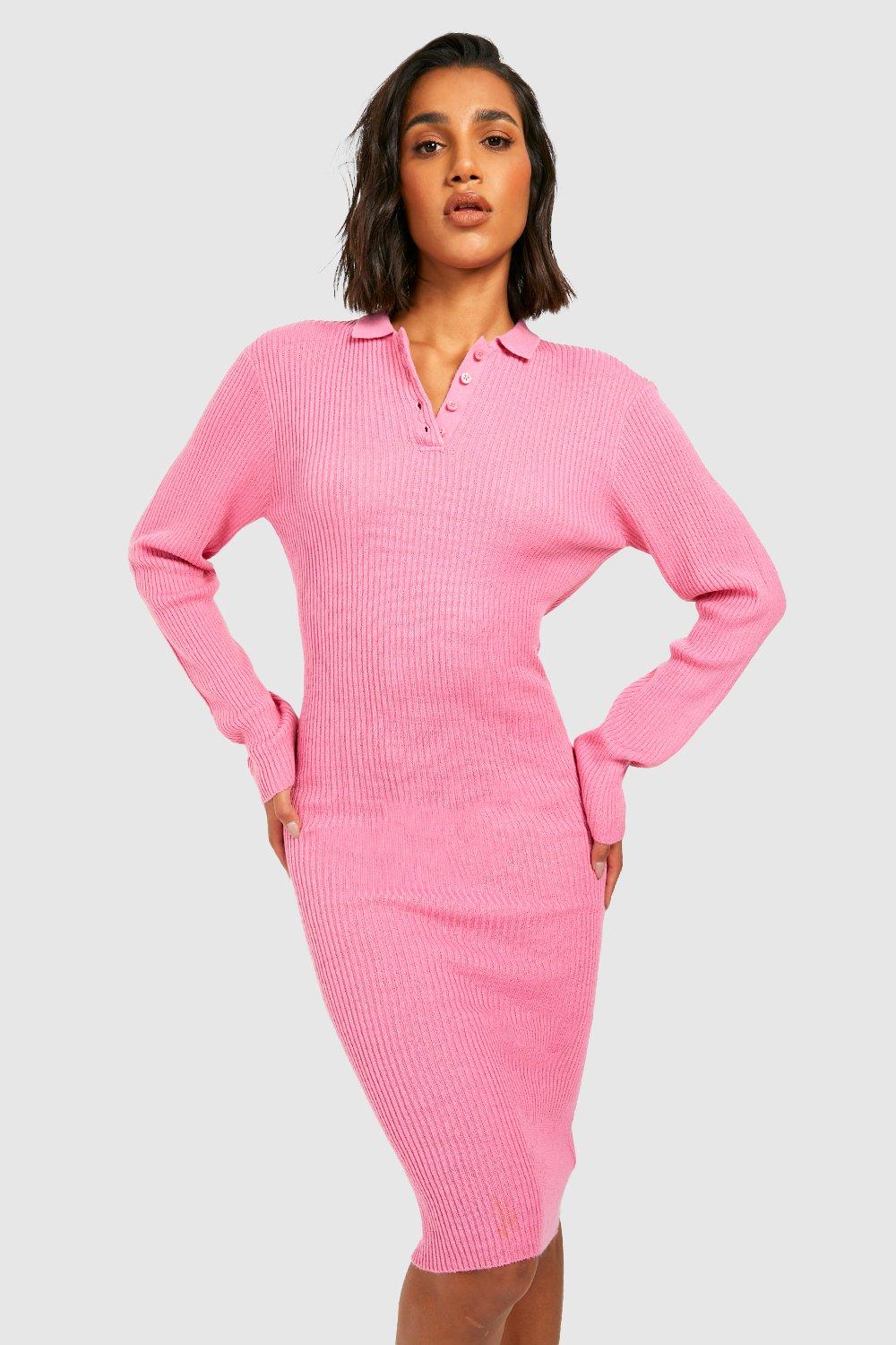 Polo Collar Rib Knit Midi Dress