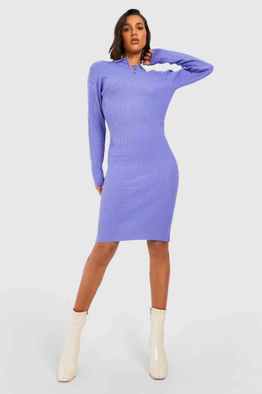 Purple Polo Collar Rib Knit Midi Dress