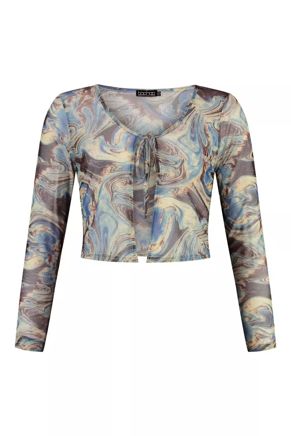 Blue Marble Print Tie Front Long Sleeve Mesh Top alternative image