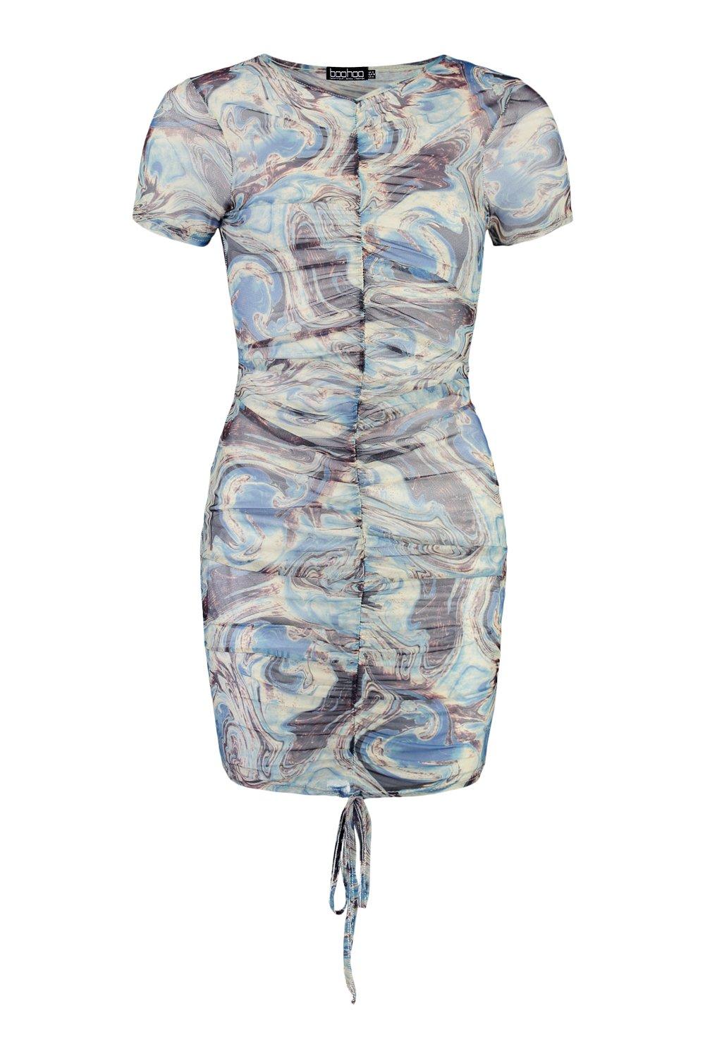 Marble Print Ruched Front Mesh Bodycon ...