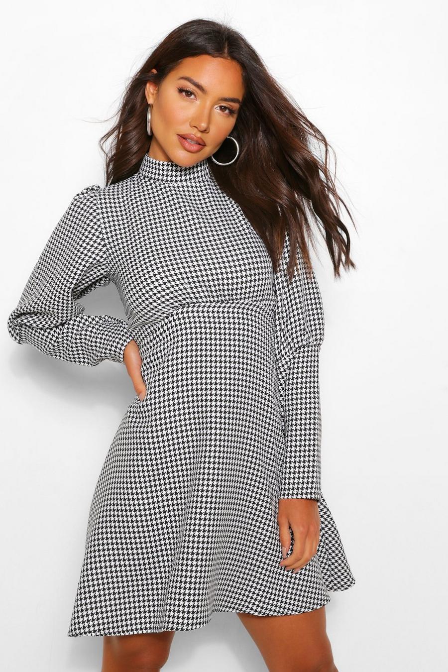 Dogtooth High Neck Puff Sleeve Mini Dress image number 1
