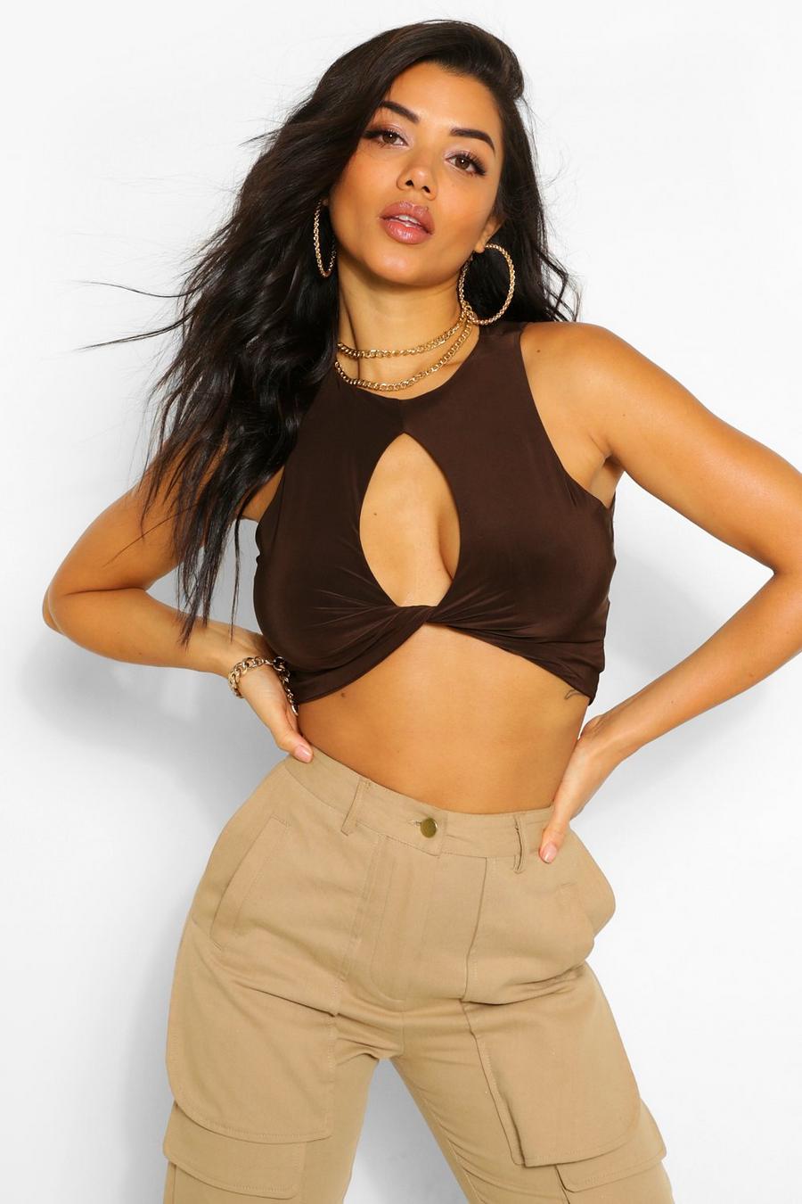 Chocolate Slinky Key Hole Twist Front Crop Top image number 1