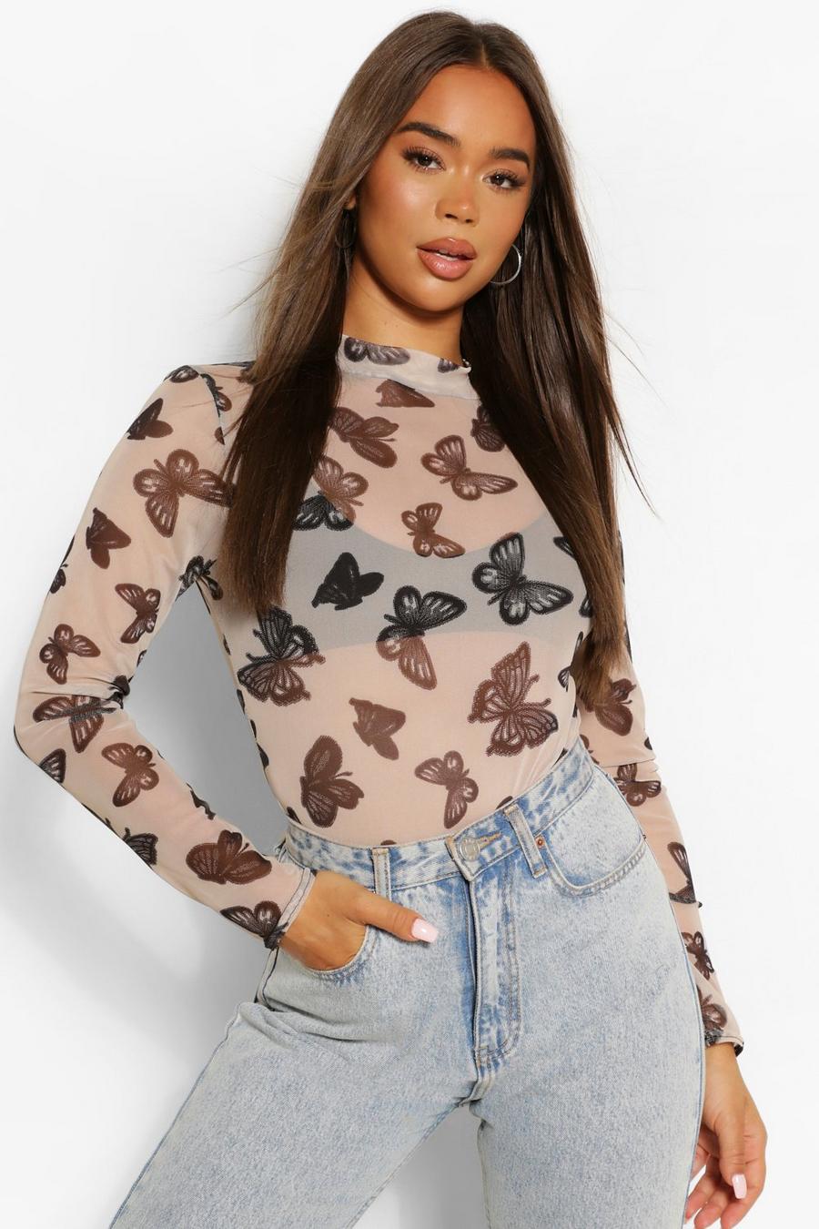 Stone Mesh Butterfly Print High Neck Bodysuit image number 1