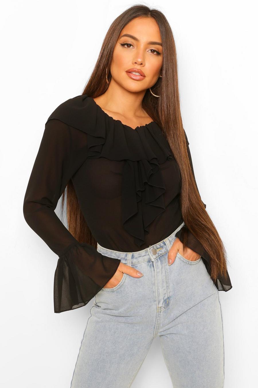 Schulterfreie Bluse aus Webstoff mit Rüschen, Schwarz image number 1