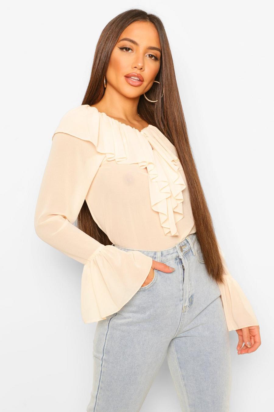 Ivory Woven Ruffle Off The Shoulder Blouse image number 1