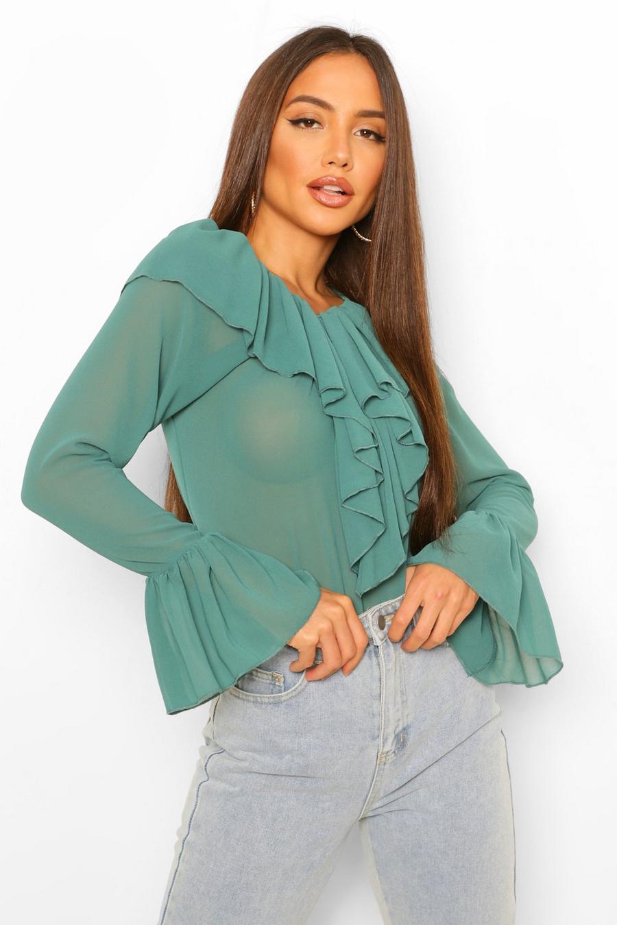 Teal Woven Ruffle Off The Shoulder Blouse image number 1