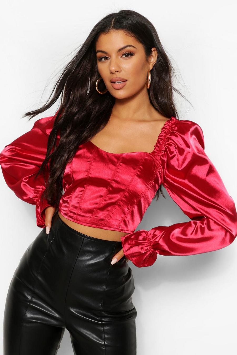 Red Satin Long Sleeve Corset image number 1