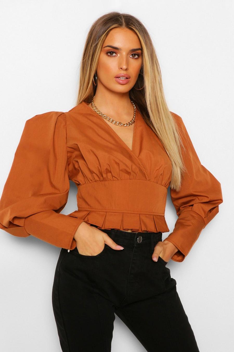 Toffee Woven Puff Sleeve Peplum Top image number 1