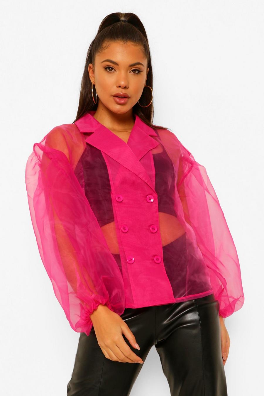 Hot pink Skjorta i organza med stor ärm image number 1