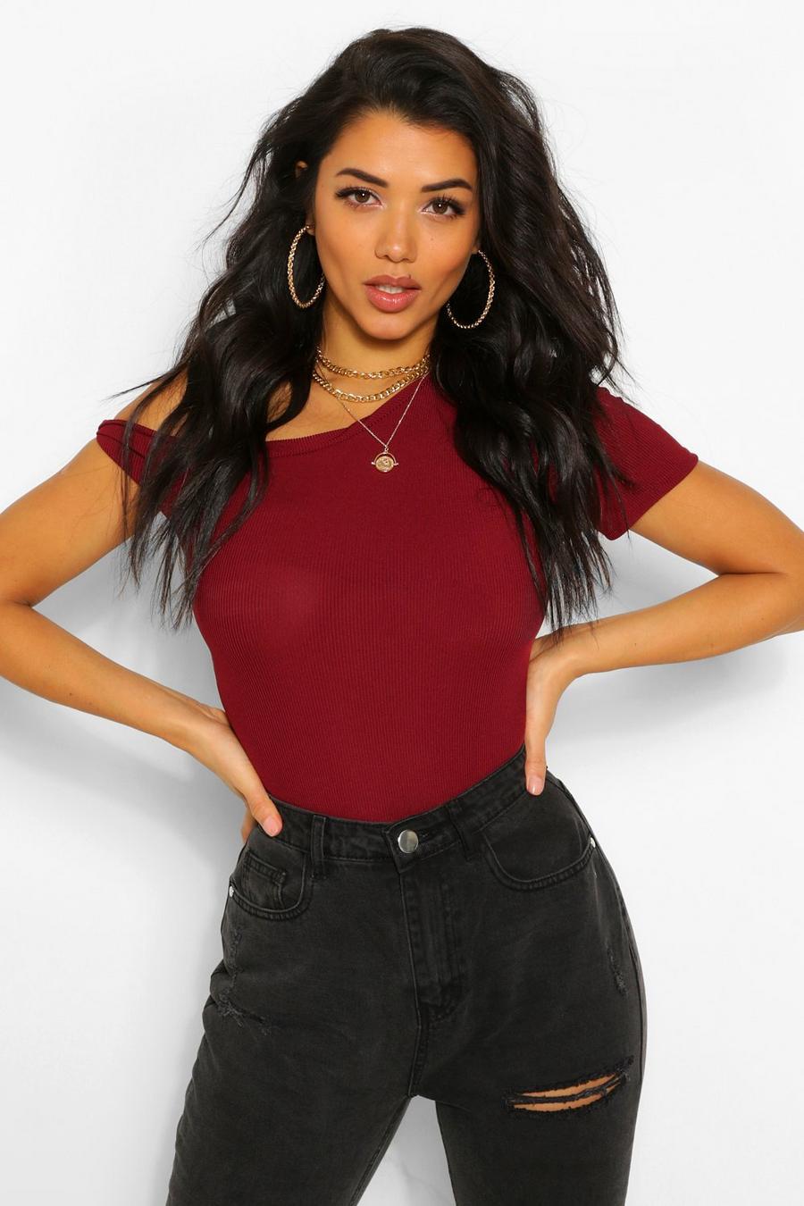 Berry Twist Off The Shoulder Rib Bodysuit image number 1