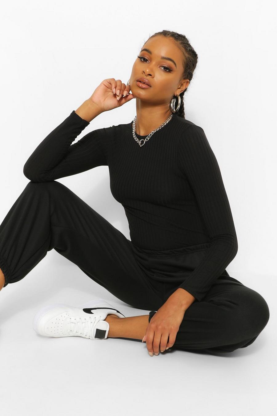 Black Crew Neck Long Sleeve Knitted Ribbed Top image number 1