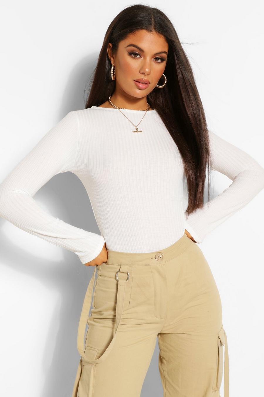 White Crew Neck Long Sleeve Knitted Ribbed Top image number 1