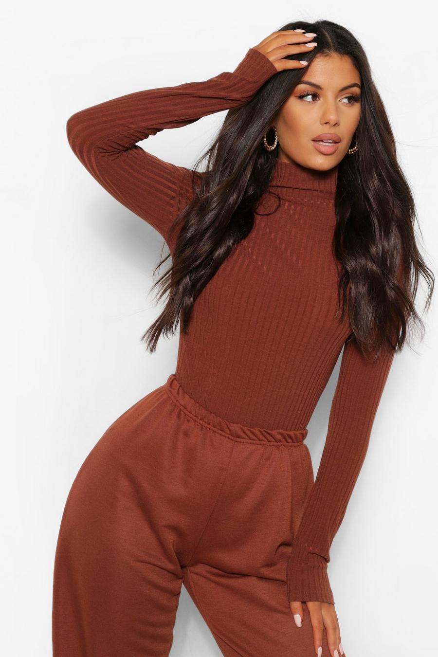 Chocolate Turtle Neck Knitted Ribbed Top image number 1