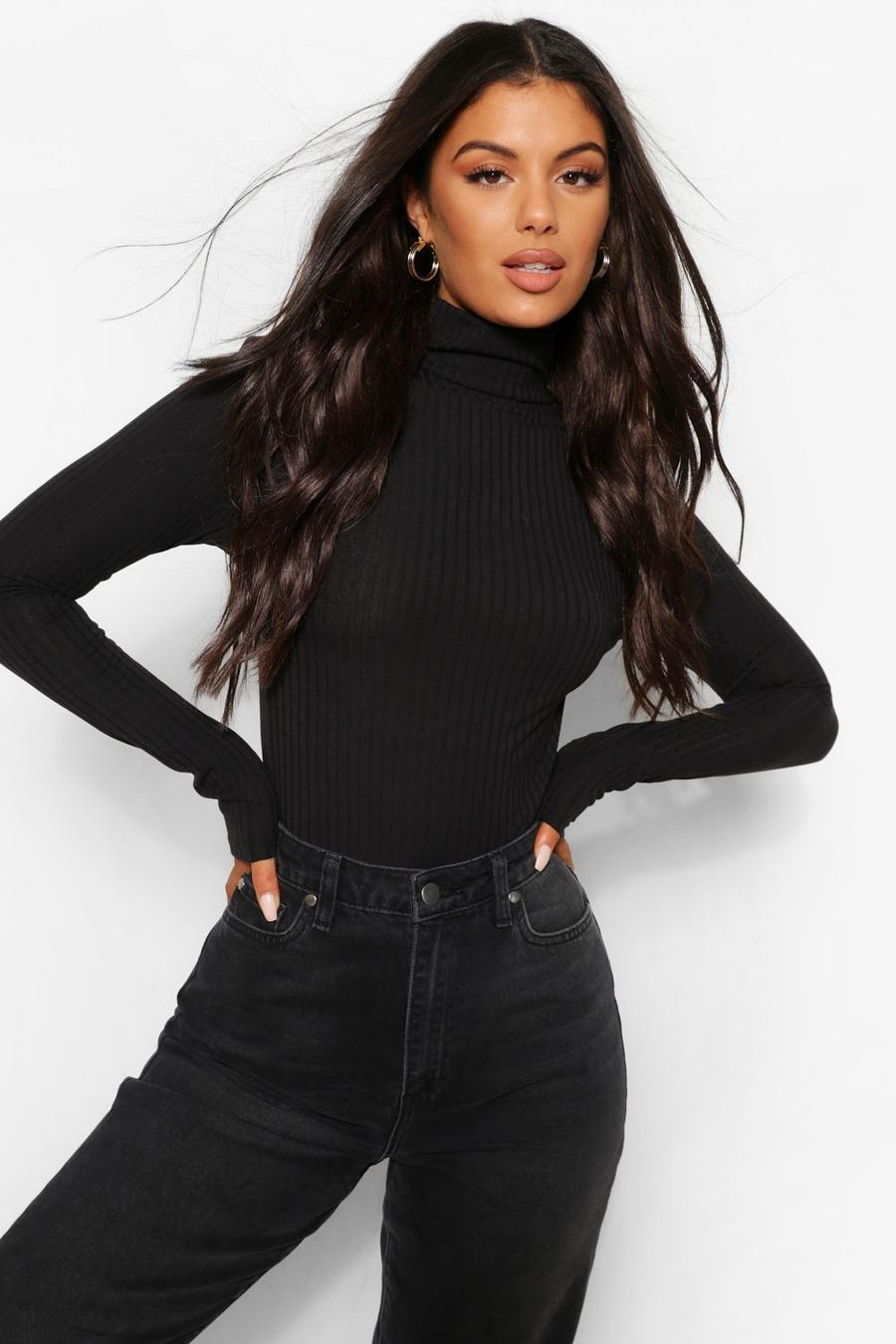 Black Turtle Neck Knitted Ribbed Top